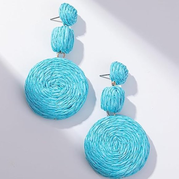 Chunky Turquoise Blue Raffia Earrings Wicker Bold Vacation Bohemian Beach New - Picture 1 of 7